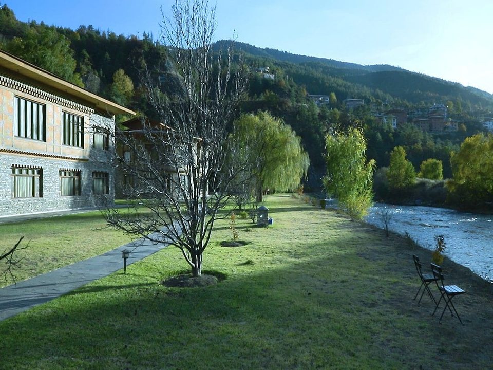 Riverside grounds at Terma Linca Resort & Spa in Thimphu
